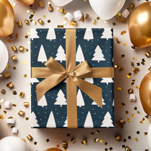 Christmas tree silhouettes white & blue wrapping paper