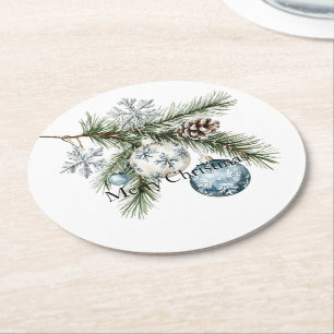 Christmas Tree Silver Snowflakes Blue Ornaments Round Paper Coaster