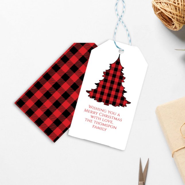 Christmas Tree Simple Cute Buffalo Check Pattern Gift Tags (Simple Christmas tree buffalo check plaid pattern gift tag.)