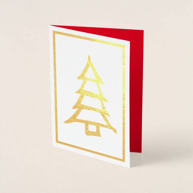 Christmas Tree Simple Minimalism Red Interior Foil Card (Front)