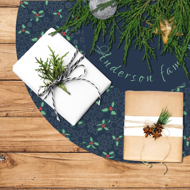 Christmas tree skirt, holly and snowflakes on blue brushed polyester tree skirt (Christmas tree skirt, holly and snowflakes on blue brushed polyester tree skirt)