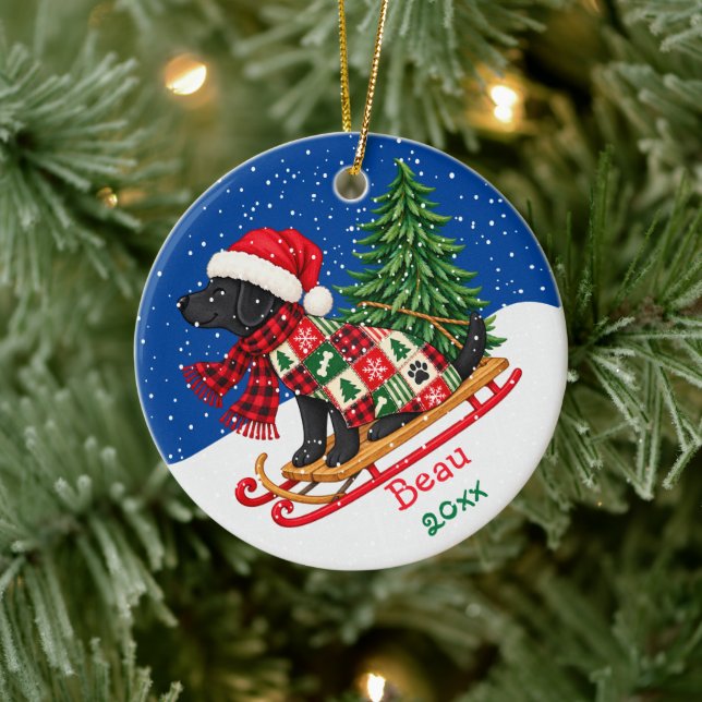 Christmas Tree Sled Cute Patchwork Black Lab Ceramic Ornament (Tree)