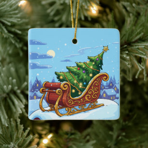 "Christmas Tree Sleigh Winter Snow Scene Holiday Ceramic Ornament