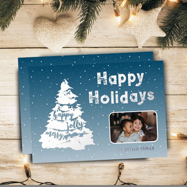 Christmas Tree Snow Family Photo Silver Foil Holiday Card (Creator Uploaded)