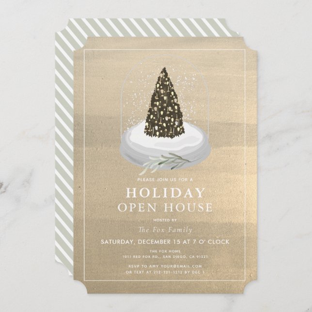 Christmas Tree Snow Globe Gold Holiday Open House Invitation (Front/Back)