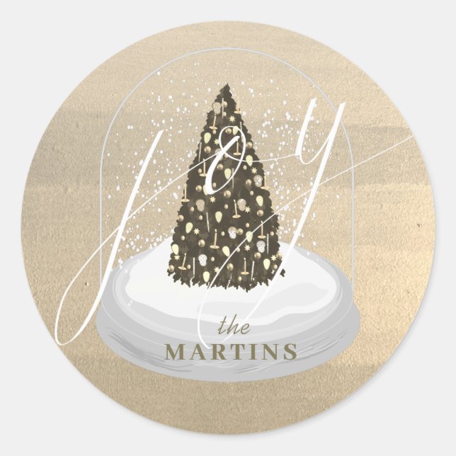 Christmas Tree Snow Globe Gold Joy Holiday Classic Round Sticker (Front)