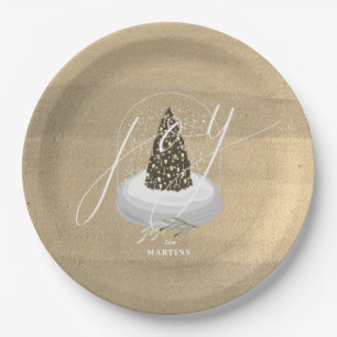 Christmas Tree Snow Globe Gold Joy Holiday Paper Plate