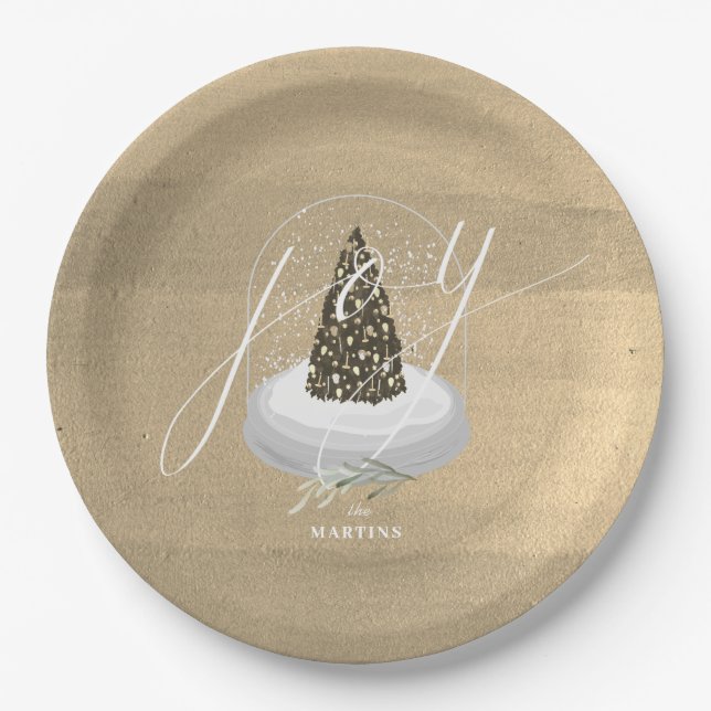Christmas Tree Snow Globe Gold Joy Holiday Paper Plate (Front)