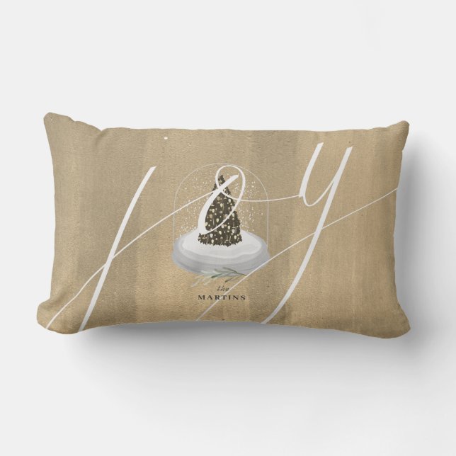Christmas Tree Snow Globe Gold Joy Script Holiday Lumbar Cushion (Front)
