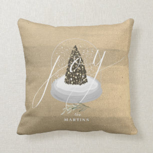 Christmas Tree Snow Globe Gold Script Joy Holiday Cushion