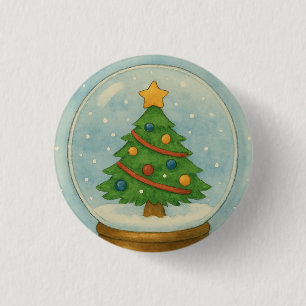 Christmas Tree Snow Globe in Watercolor Winter 3 Cm Round Badge