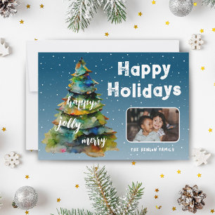 Christmas Tree Snow Watercolor Family Photo Holiday Card