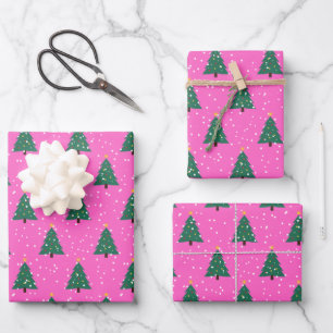 Christmas Tree, Snowfall on Pink Wrapping Paper Sheet