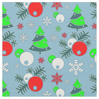 Christmas Tree Snowflake Bauble on Blue  Fabric