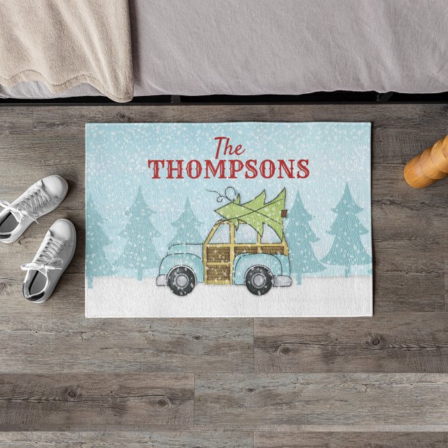 Christmas Tree Snowflake Car Personalised Doormat (Christmas tree cute woodland Woodie car custom doormat.)