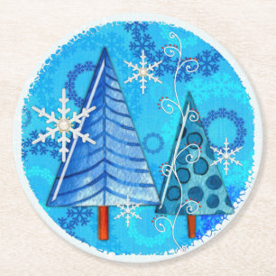 Christmas Tree & Snowflake Jewelled Round Paper Coaster