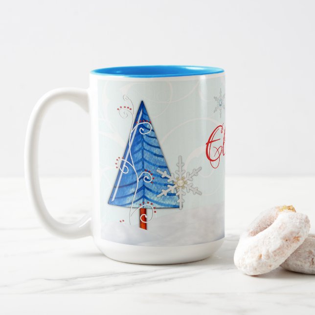 Christmas Tree & Snowflake Jewelled Two-Tone Coffee Mug (With Donut)