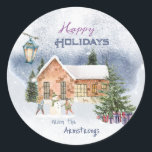 Christmas Tree Snowman Children Gifts Winter Scene Classic Round Sticker<br><div class="desc">🌟🎄 This wonderful Christmas sticker features a romantic winter wonderland illustration featuring a Christmas tree in a snowy landscape with presents, berries and branches. In the background you can see a cosy house and children building a snowman. . A hand-drawn lantern illuminates the wintry scene.✨ Share the magic of the...</div>