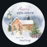 Christmas Tree Snowman Children Gifts Winter Scene Classic Round Sticker<br><div class="desc">🌟🎄 This wonderful Christmas sticker features a romantic winter wonderland illustration featuring a Christmas tree in a snowy landscape with presents, berries and branches. In the background you can see a cosy house and children building a snowman. . A hand-drawn lantern illuminates the wintry scene.✨ Share the magic of the...</div>