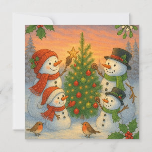Christmas Tree Snowman Family In Snowy Sunset Holiday Card