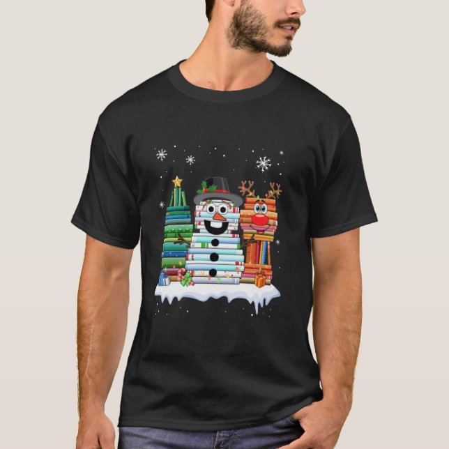 christmas tree snowman reindeer book stack librari T-Shirt (Front)