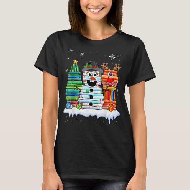 Christmas Tree Snowman Reindeer Book Stack Librari T-Shirt (Front)