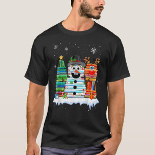 Christmas Tree Snowman Reindeer Book Stack Librari T-Shirt
