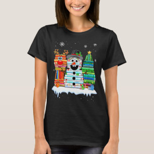 Christmas Tree Snowman Reindeer Book Stack Librari T-Shirt