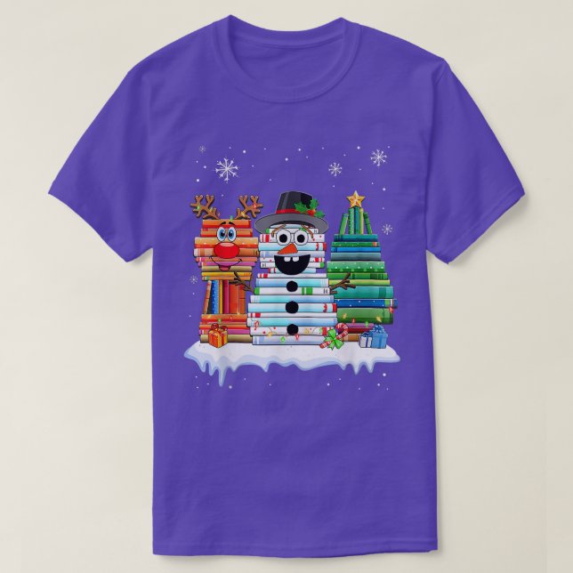Christmas Tree Snowman Reindeer Book Stack Tee Lib (Design Front)