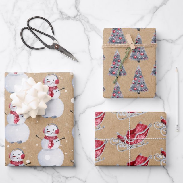 Christmas Tree Snowman Sleigh Kraft Wrapping Paper Sheet (Front)