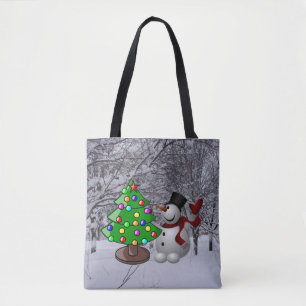 Christmas Tree, Snowman, Snow Scene All-Over Print Tote Bag
