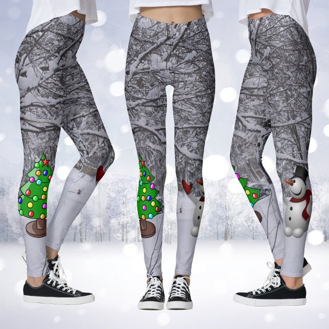 Christmas Tree, Snowman, Snow Scene Photo Leggings (Christmas Tree, Snowman, Snow Scene Photo Leggings)