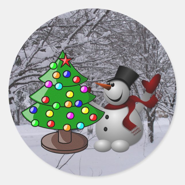 Christmas Tree, Snowman, Snow Scene Photo Stickers (Front)