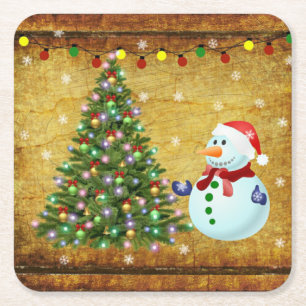 Christmas Tree Snowman Square Paper Coaster