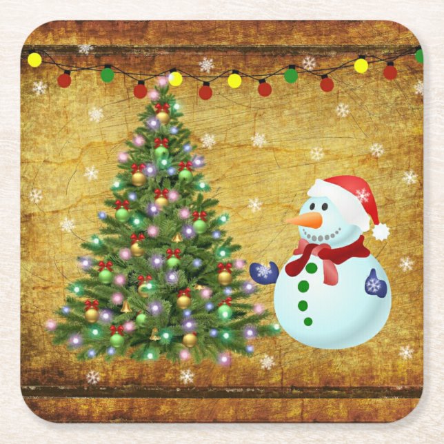 Christmas Tree Snowman Square Paper Coaster (Front)