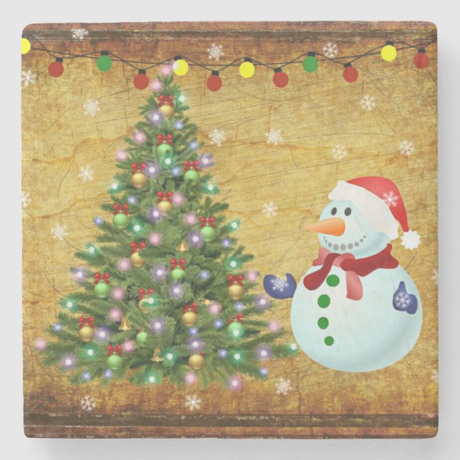 Christmas Tree Snowman Stone Coaster (Front)