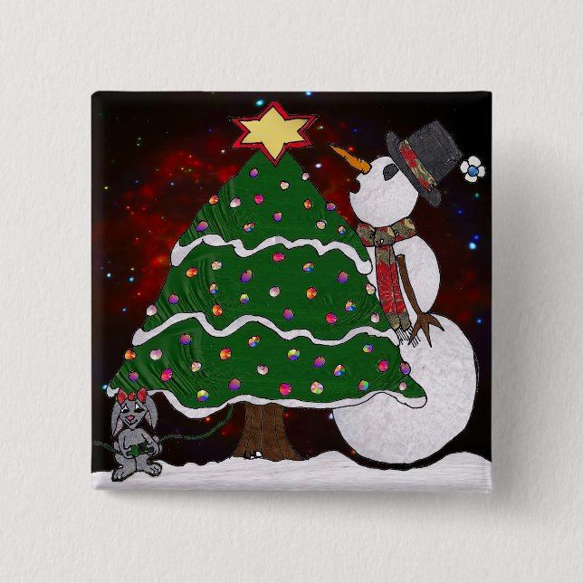 Christmas Tree Snowman Surprise Art Print 15 Cm Square Badge (Front)