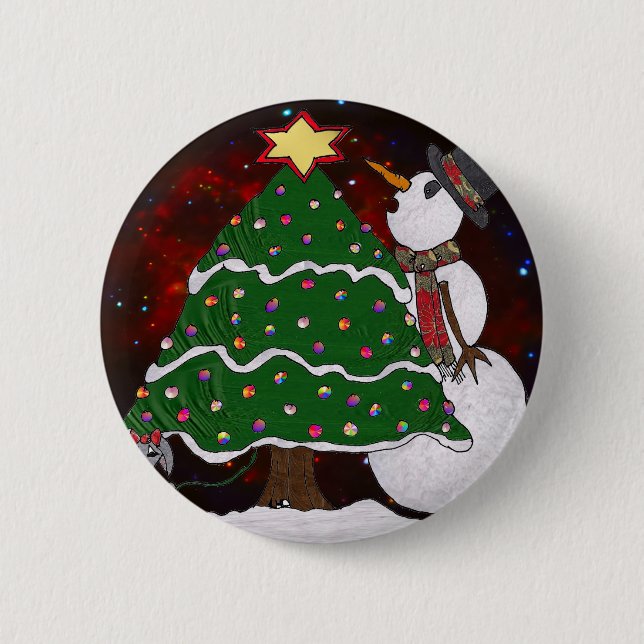 Christmas Tree Snowman Surprise Art Print 6 Cm Round Badge (Front)