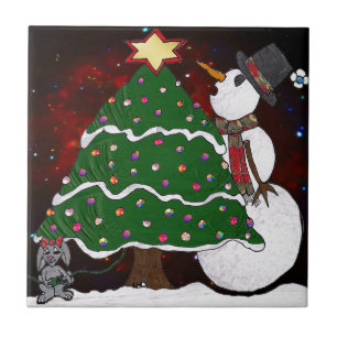 Christmas Tree Snowman Surprise Art Print Ceramic Tile