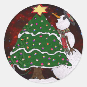 Christmas Tree Snowman Surprise Art Print Classic Round Sticker