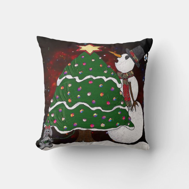 Christmas Tree Snowman Surprise Art Print Cushion (Front)