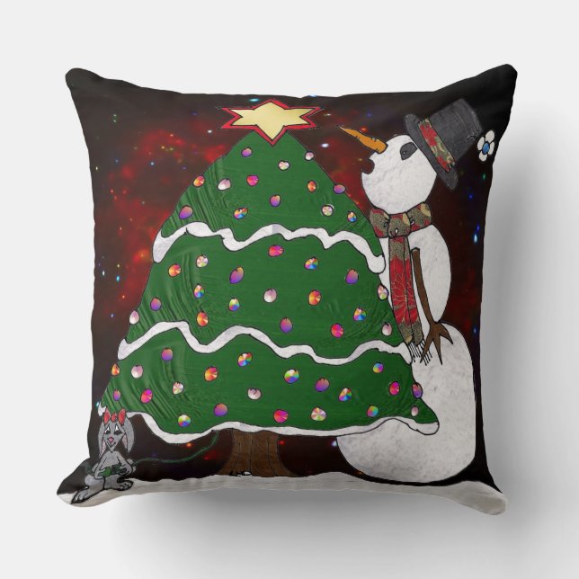 Christmas Tree Snowman Surprise Art Print Cushion (Front)