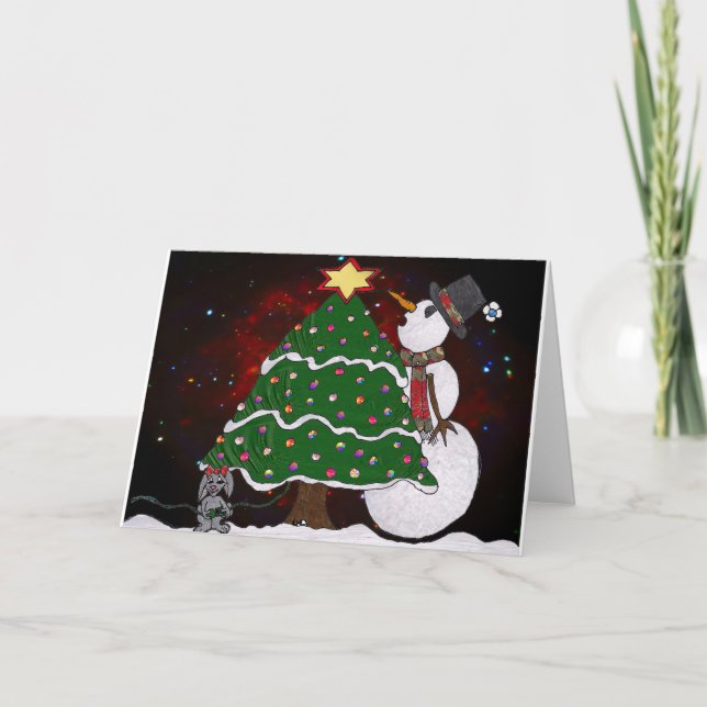 Christmas Tree Snowman Surprise Art Print Holiday Card (Front)
