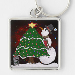 Christmas Tree Snowman Surprise Art Print Key Ring