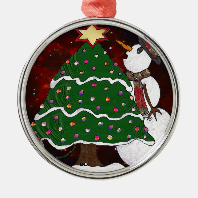 Christmas Tree Snowman Surprise Art Print Metal Ornament (Front)