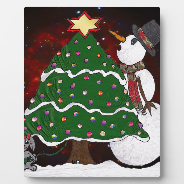 Christmas Tree Snowman Surprise Art Print Plaque (Front)