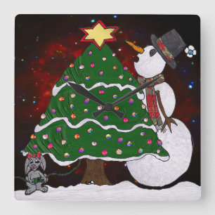 Christmas Tree Snowman Surprise Art Print Square Wall Clock