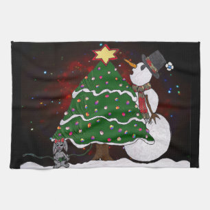 Christmas Tree Snowman Surprise Art Print Tea Towel