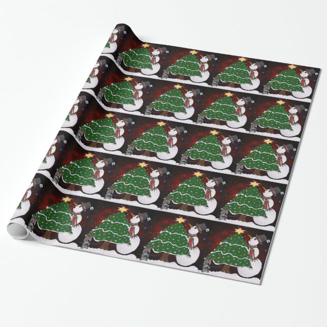 Christmas Tree Snowman Surprise Art Print Wrapping Paper (Unrolled)