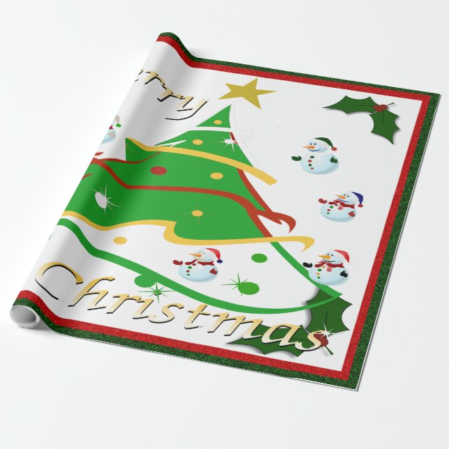 Christmas Tree & Snowmen  - Wrapping Paper (Unrolled)